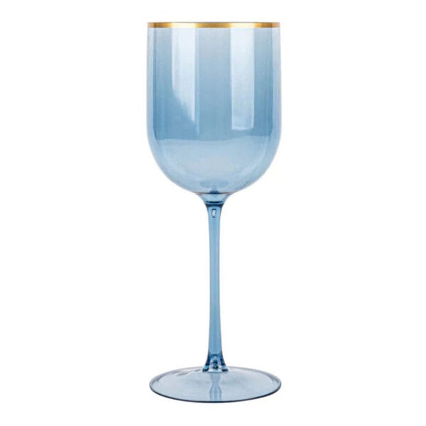 A blue plastic wine goblet with a gold rim.