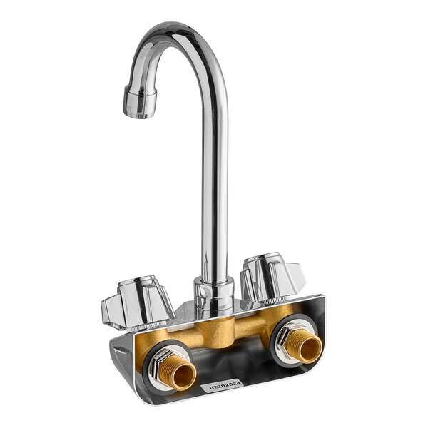 A wall-mount faucet with 4-inch centers and a 3.5-inch swivel gooseneck spout.