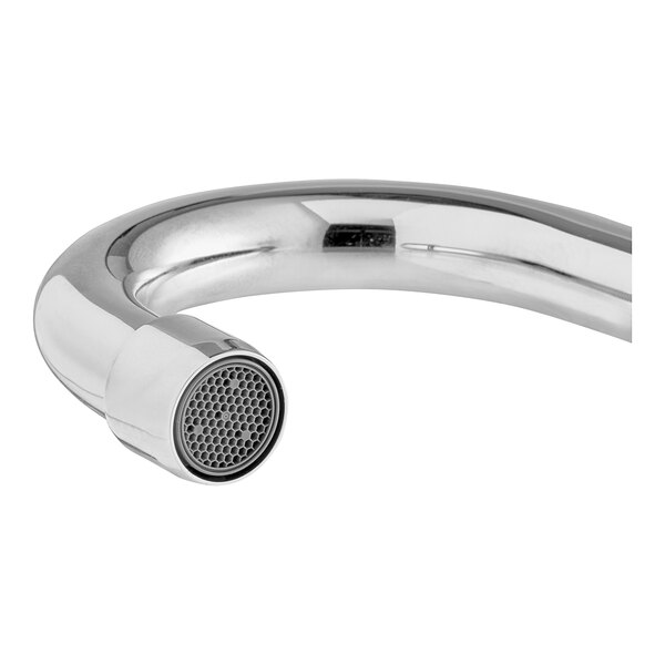 A chrome wall-mount faucet with a 3 1/2 inch swivel gooseneck spout.