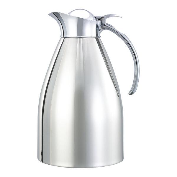 A polished stainless steel insulated carafe with a flip-top lid and handle.