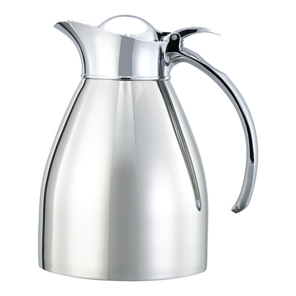 A polished stainless steel insulated carafe with a flip-top lid and handle.