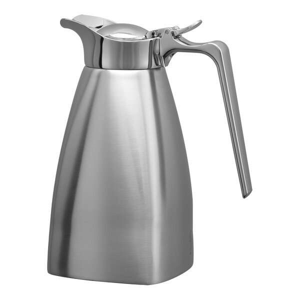 A stainless steel square insulated coffee carafe with a handle and spout.