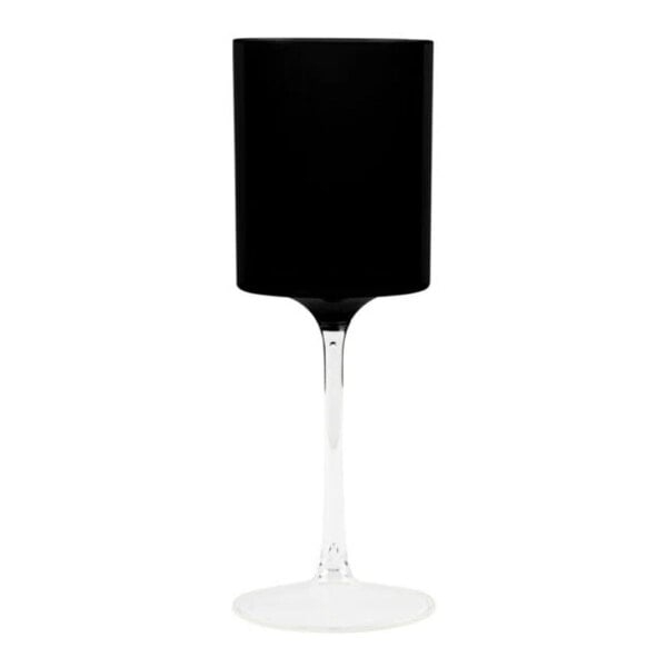 A two-toned plastic wine goblet with a black cup and clear stem and base.