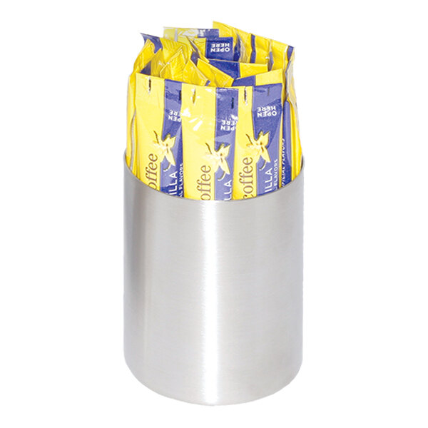 A brushed stainless steel holder containing individually wrapped sugar sticks.