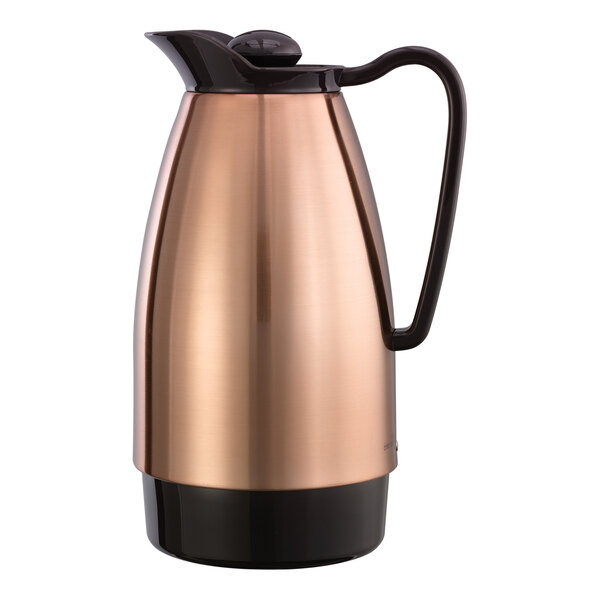 A copper stainless steel insulated coffee carafe with a black handle and lid.