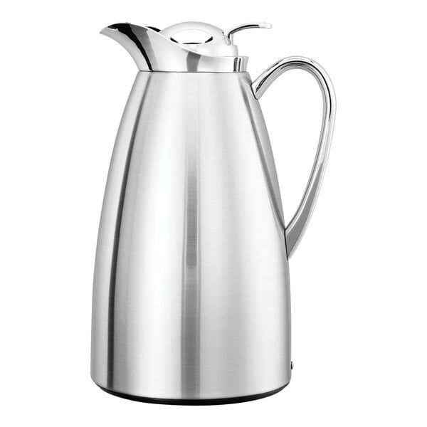 A chrome stainless steel insulated coffee server with a handle and spout.