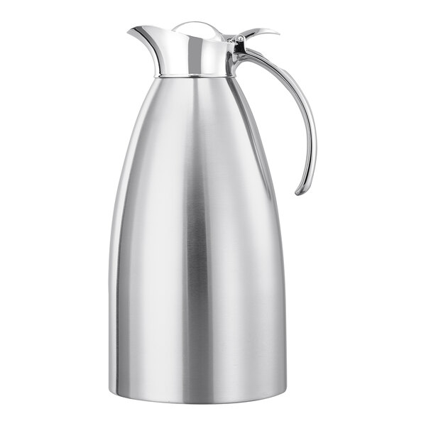 A brushed stainless steel insulated carafe with a flip-top lid and handle.