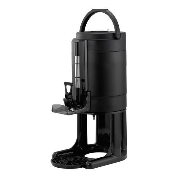 A black 1-gallon thermal coffee server with a stand and handle.