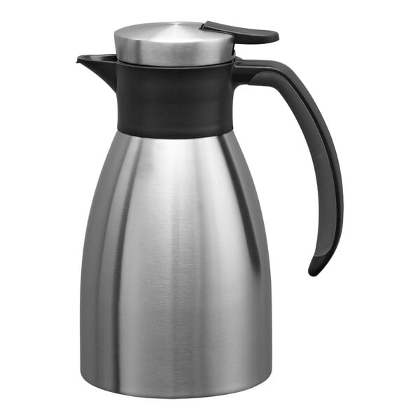 A stainless steel insulated coffee server with a black push button lid and handle.