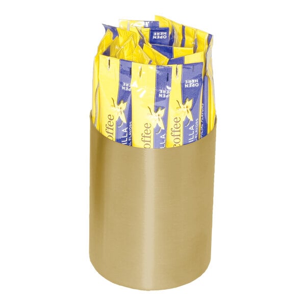 A gold stainless steel holder containing individually wrapped sugar sticks.