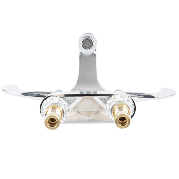 A chrome T&S medical faucet with 4" wrist action handles and cerama cartridges.