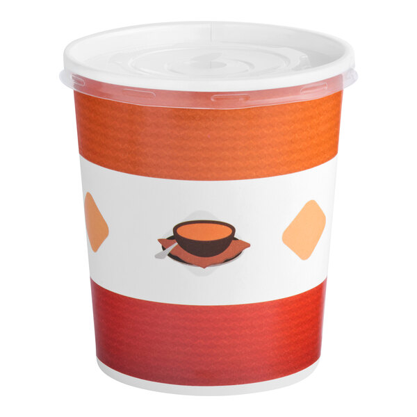A 32 oz. double poly-coated paper soup or hot food cup with a vented plastic lid.