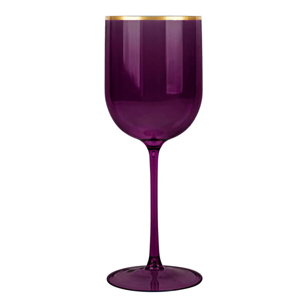 A purple plastic wine goblet with a gold rim.