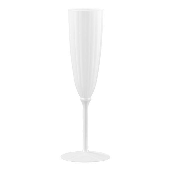 A white plastic champagne flute with a tall, slender bowl and a single-piece construction.