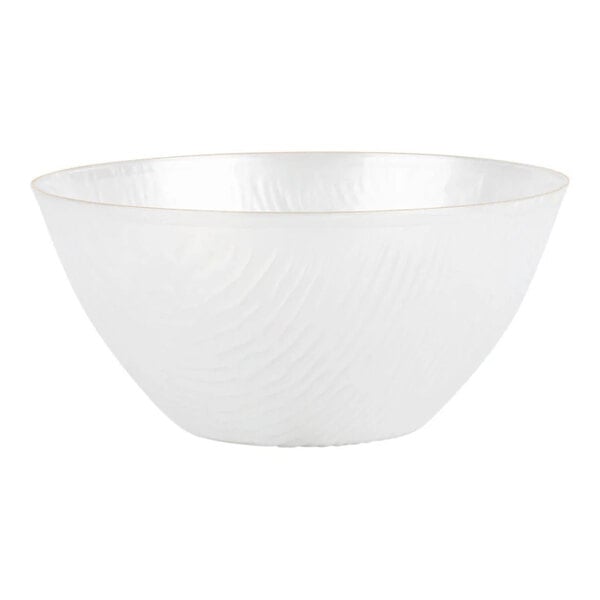 A round pearl white plastic bowl with a gold rim.