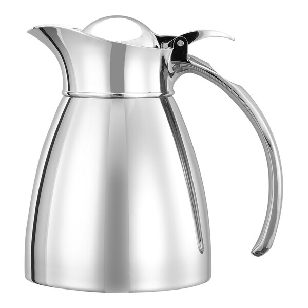 A polished stainless steel insulated carafe with a flip-top lid and curved handle.