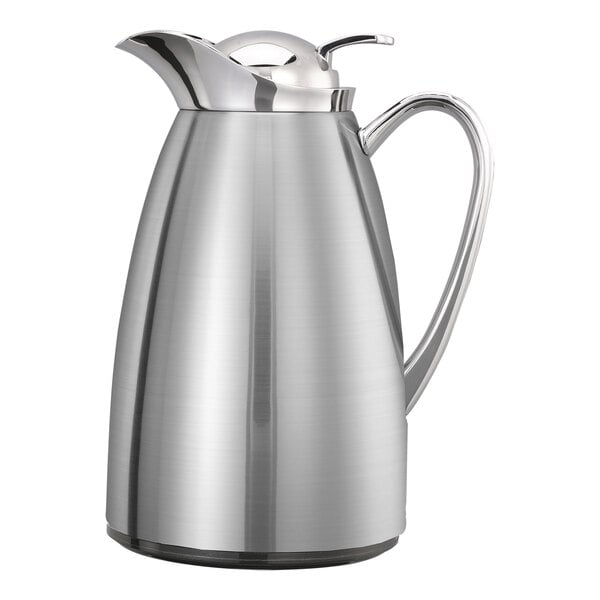 A brushed stainless steel insulated coffee server with a handle and spout.