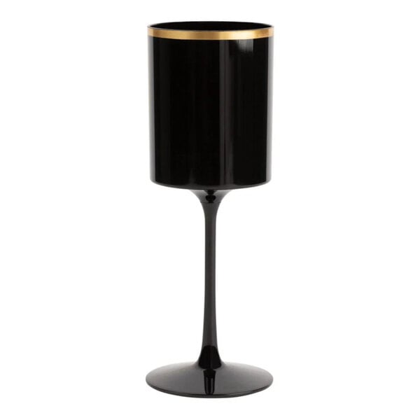 A black plastic wine goblet with a gold rim and a tall stem.