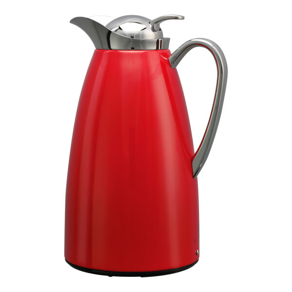 A red powder-coated stainless steel insulated coffee carafe with a push-button lid and a metallic handle.