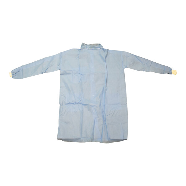 A blue SMS lab coat with knit wrists and three pockets in a medium size.