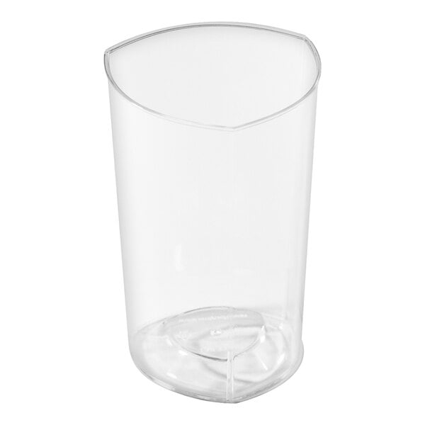 A clear, 3.5 oz. triangle-shaped polystyrene tumbler.