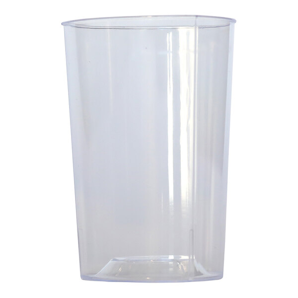 A clear, 10 oz. triangle-shaped polystyrene tumbler.