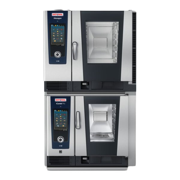 A double-deck electric combi oven with digital controls and a stand, designed for commercial kitchen use.