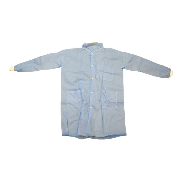 A blue SMS lab coat with knit wrists and three pockets, shown in an extra large size.