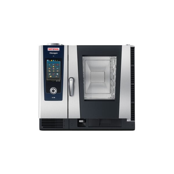 A commercial electric combi oven with a digital control panel and a glass door, designed to hold six half-size pans.