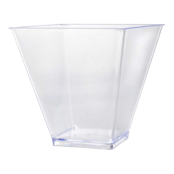 A clear, square-shaped disposable plastic cup with a 6.8 oz. capacity.