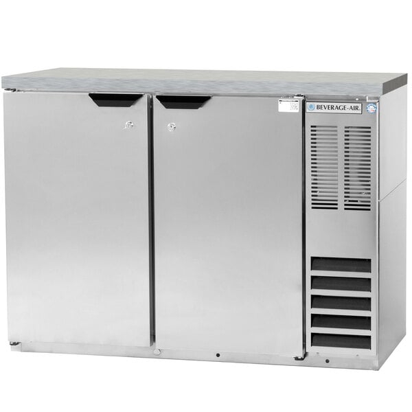 A silver stainless steel Beverage-Air back bar refrigerator with two doors.