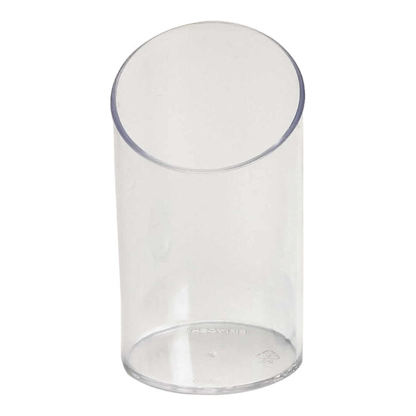 A clear plastic disposable flasket or bowl with a slanted rim.