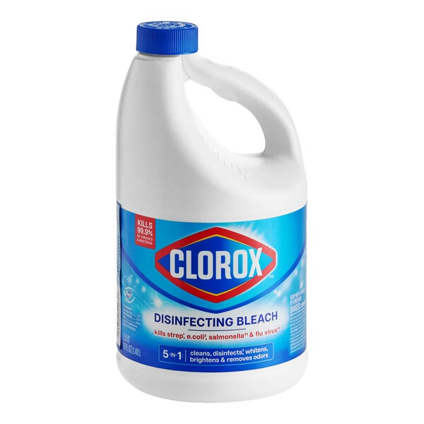 A large bottle of Clorox disinfecting bleach with a blue label and handle.