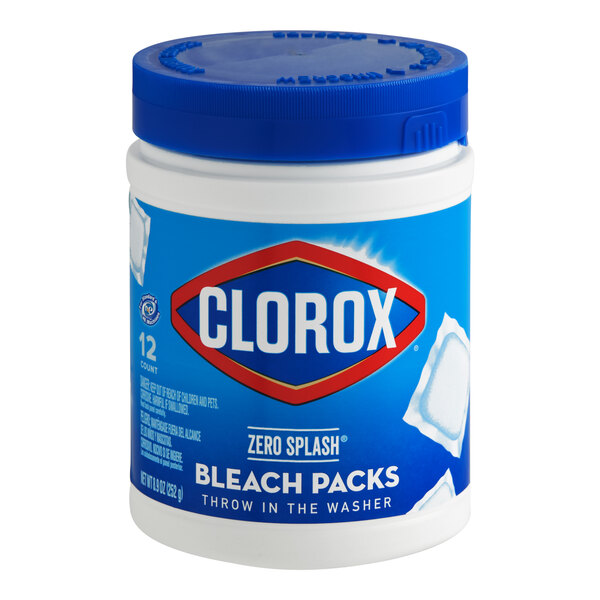 A container of Clorox Zero Splash bleach packs with a blue lid and label, containing 12 packs.