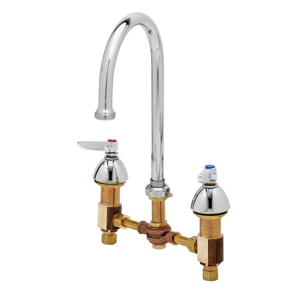 A chrome T&S deck mount faucet with two brass gooseneck faucets and two lever handles.