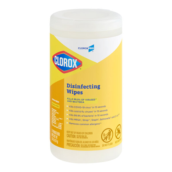 A container of CloroxPro Clorox disinfecting wipes with a lemon fresh scent.