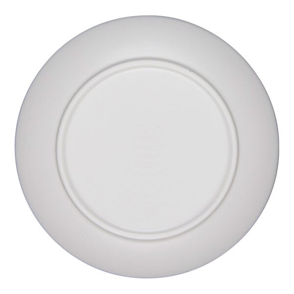 A round, light blue melamine plate shown from the bottom.
