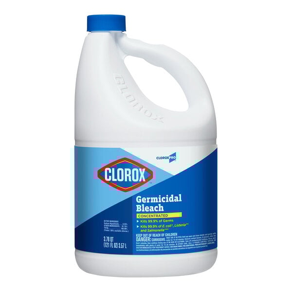 A large white plastic bottle of CloroxPro Clorox concentrated germicidal bleach with a blue label and blue cap.