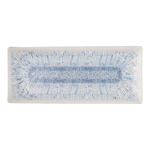 A rectangular light blue melamine platter with a textured, radiating pattern.