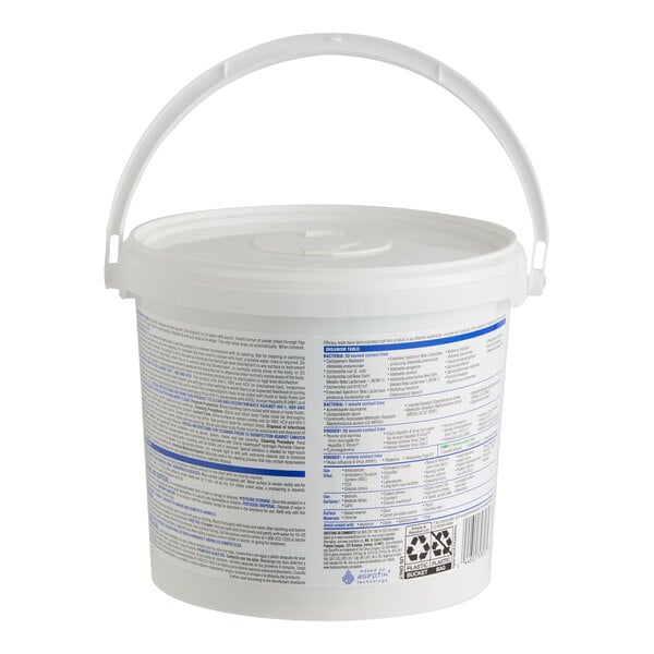 A white plastic tub with a handle containing Clorox Healthcare hydrogen peroxide cleaner disinfectant wipes.
