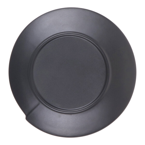 A dark blue round melamine plate with a small notch on the rim.