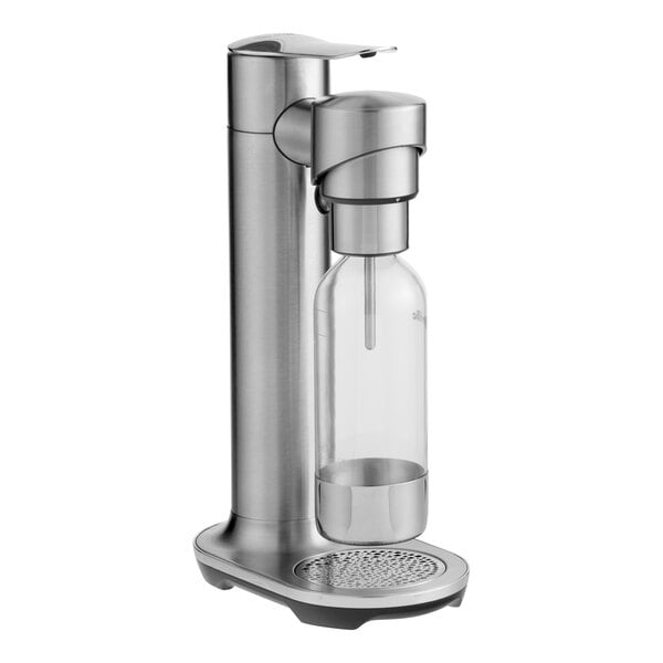 A stainless steel sparkling beverage carbonator with a clear 34 oz. bottle.