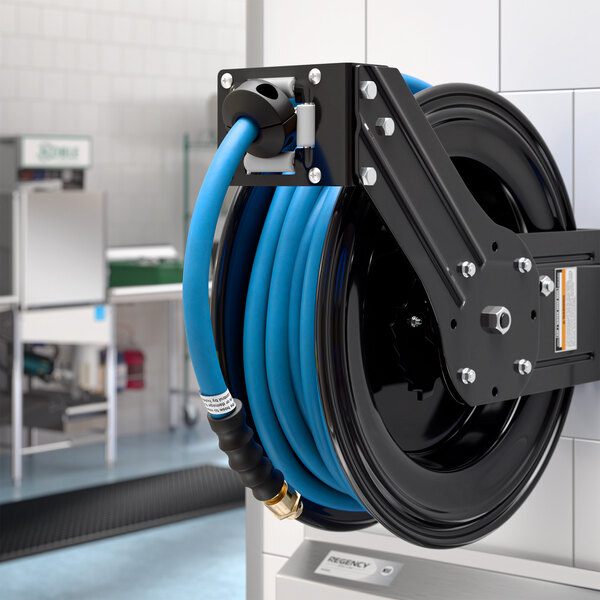 A wall-mounted powder-coated steel hose reel with a 50-foot blue air or water hose.