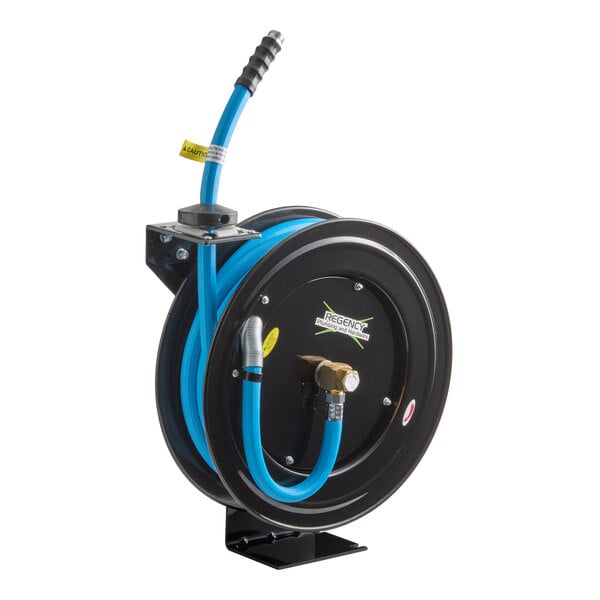 A black powder-coated steel open hose reel with a 30-foot blue air or water hose.