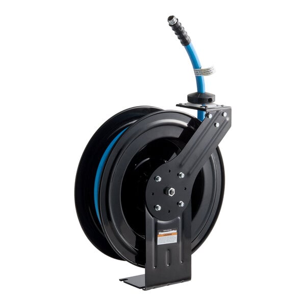 A black powder-coated steel open hose reel with a 30-foot blue air or water hose.