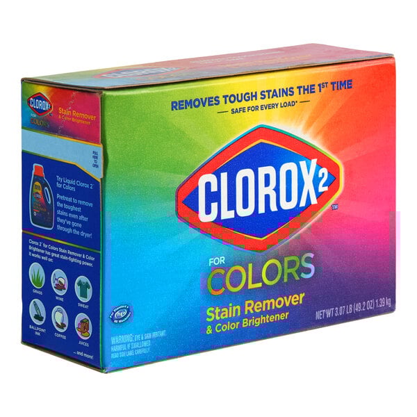 A box of Clorox 2 For Colors stain remover and color brightener powder.