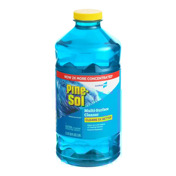 A bottle of CloroxPro Pine-Sol Sparkling Wave Scent Multi-Surface Cleaner.