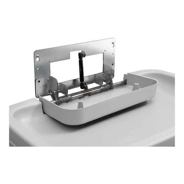A gray horizontal surface-mounted baby changing station with a metal hinge mechanism.