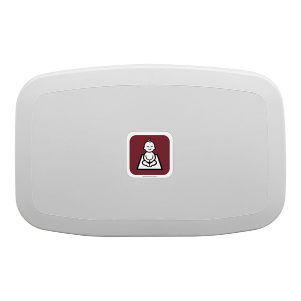 A gray horizontal surface-mounted baby changing station with a baby icon on the front.