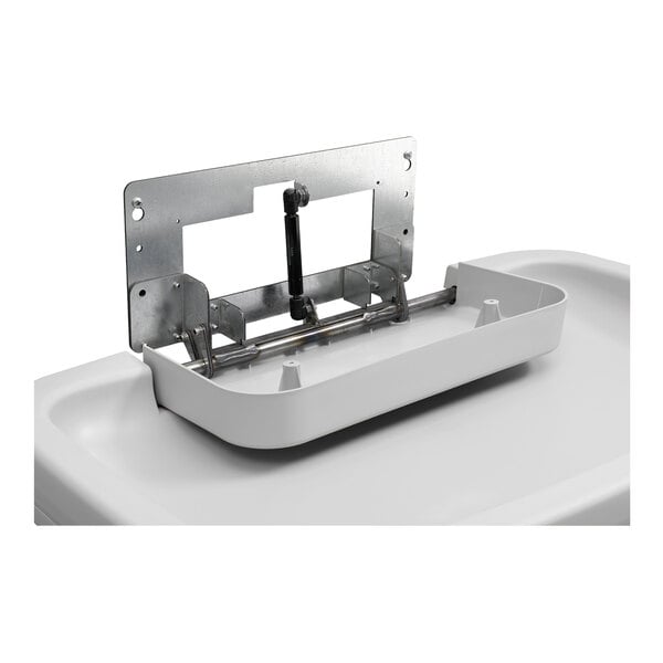 A gray horizontal surface-mounted baby changing station with a metal hinge mechanism.